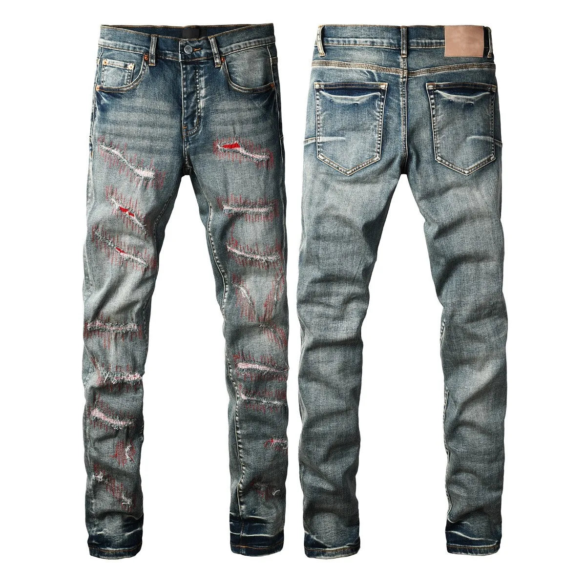 Men Jeans Fashion Americans High street Retro wash multiple styles graffiti print Low Rise Hole Patch Elastic Skinny Jeans pants