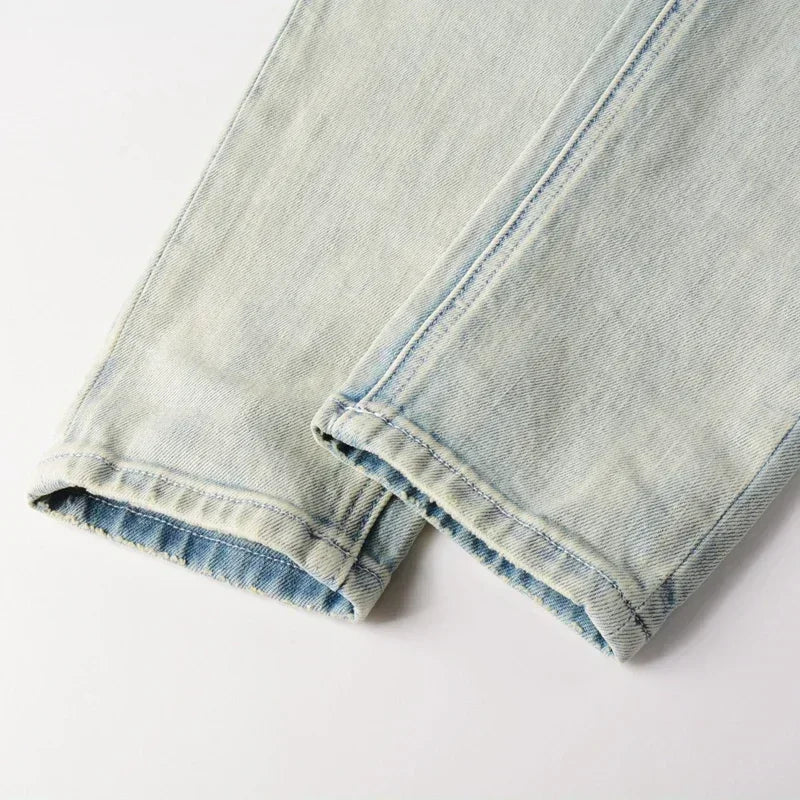 American High Street KSUBI Cross Jeans Men Trendy Trend High Quality Low Rise Stretch Skinny  Pleated Ripped Jeans