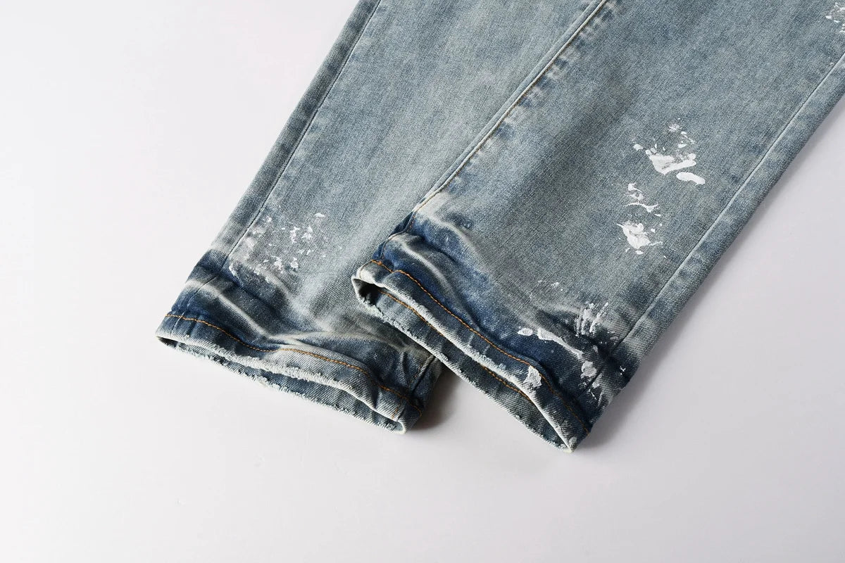 Men Jeans Fashion Americans High street Retro wash multiple styles graffiti print Low Rise Hole Patch Elastic Skinny Jeans pants