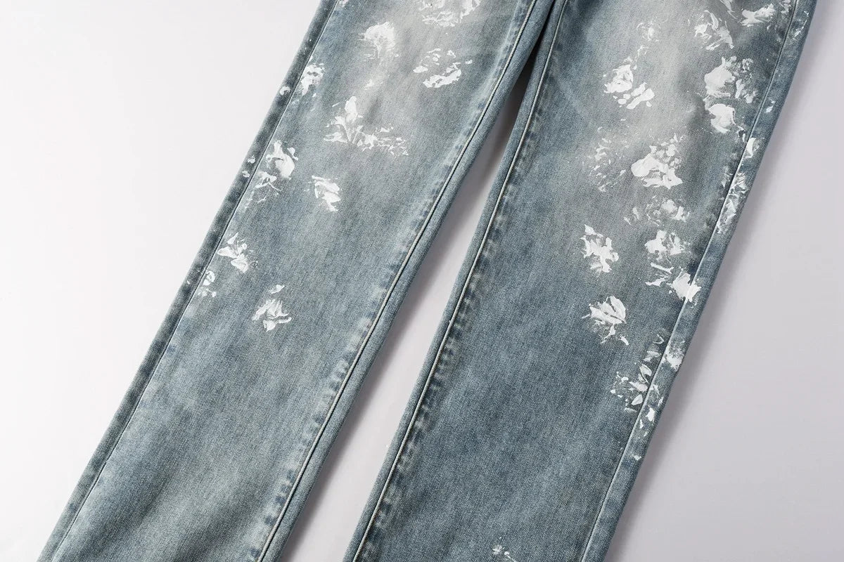 Men Jeans Fashion Americans High street Retro wash multiple styles graffiti print Low Rise Hole Patch Elastic Skinny Jeans pants