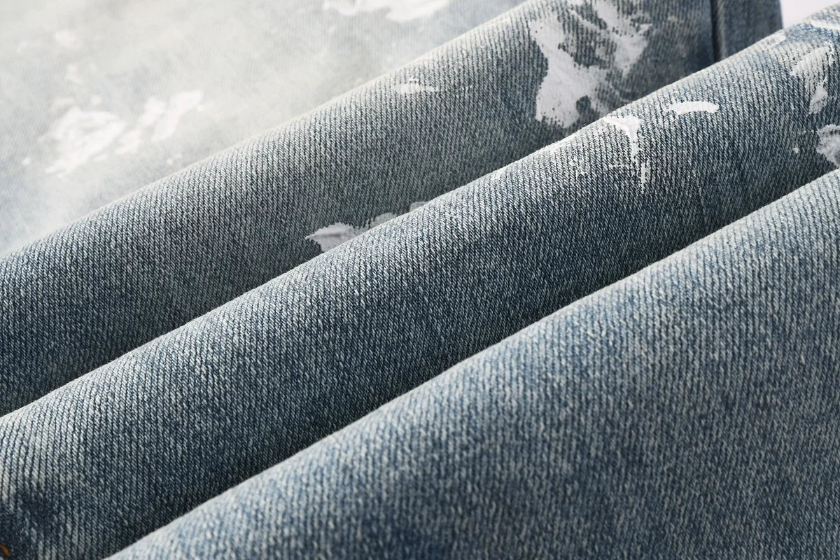 Men Jeans Fashion Americans High street Retro wash multiple styles graffiti print Low Rise Hole Patch Elastic Skinny Jeans pants