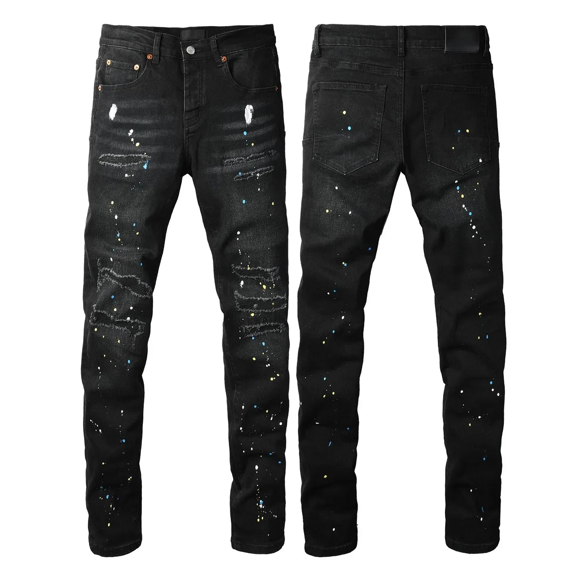 Men Jeans Fashion Americans High street Retro wash multiple styles graffiti print Low Rise Hole Patch Elastic Skinny Jeans pants