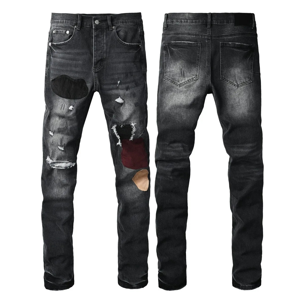 Men Jeans Fashion Americans High street Retro wash multiple styles graffiti print Low Rise Hole Patch Elastic Skinny Jeans pants