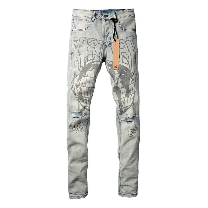 American High Street KSUBI Cross Jeans Men Trendy Trend High Quality Low Rise Stretch Skinny  Pleated Ripped Jeans