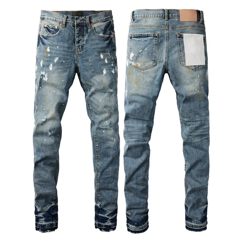Men Jeans Fashion Americans High street Retro wash multiple styles graffiti print Low Rise Hole Patch Elastic Skinny Jeans pants
