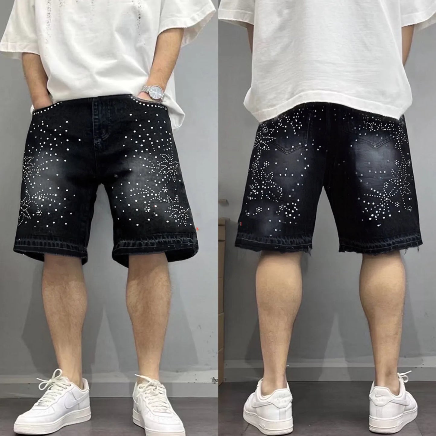 Rhinestone Appliques Denim Shorts For Men American Fashion High Street Five Quarter Jeans Summer Casual Straight Leg Shorts