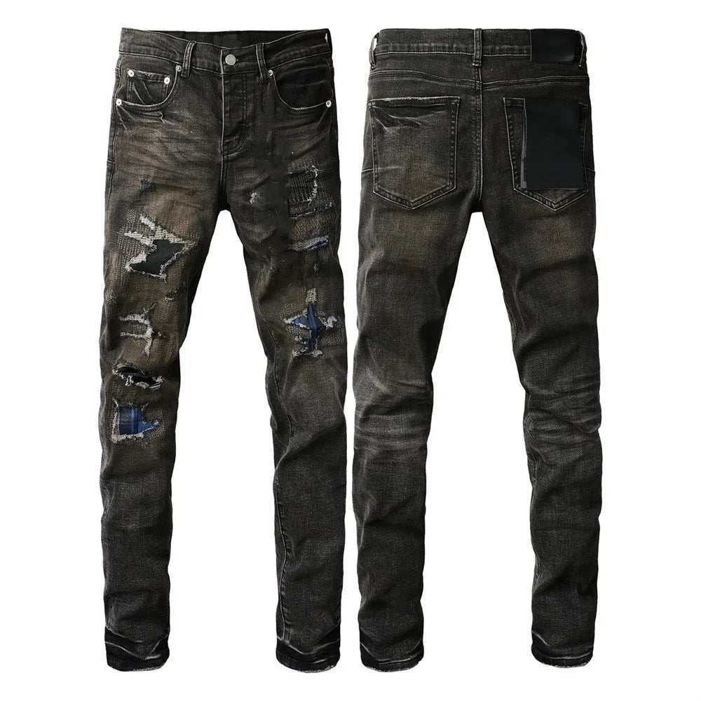 Men Jeans Fashion Americans High street Retro wash multiple styles graffiti print Low Rise Hole Patch Elastic Skinny Jeans pants