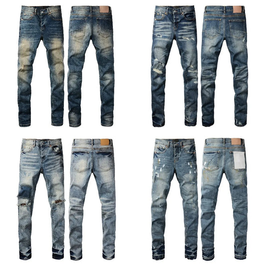 Men Jeans Fashion Americans High street Retro wash multiple styles graffiti print Low Rise Hole Patch Elastic Skinny Jeans pants