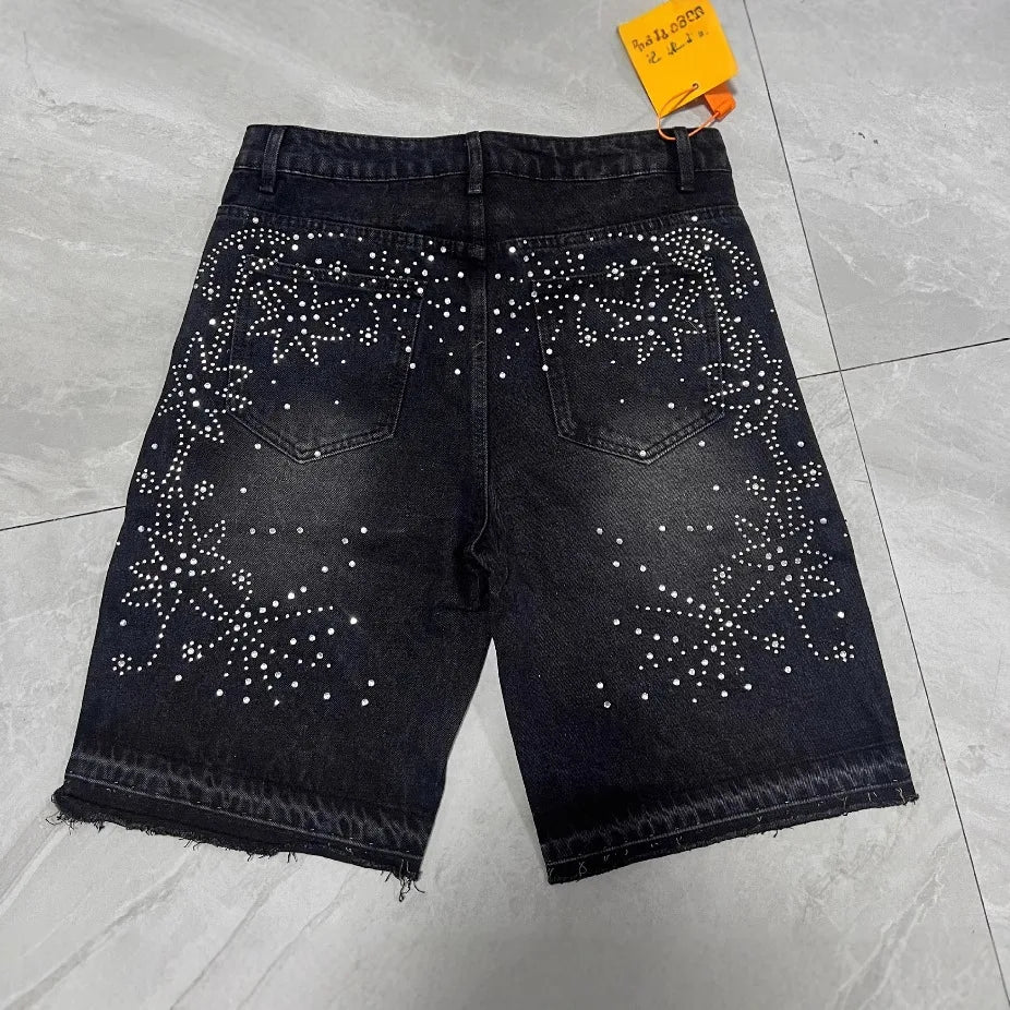 Rhinestone Appliques Denim Shorts For Men American Fashion High Street Five Quarter Jeans Summer Casual Straight Leg Shorts
