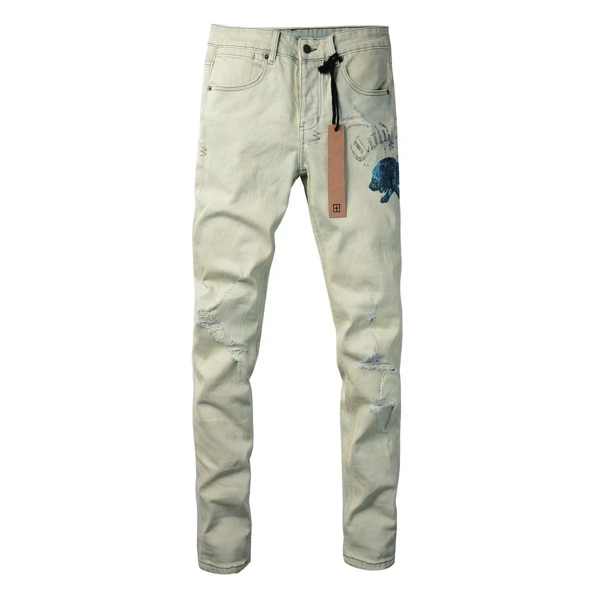 American High Street KSUBI Cross Jeans Men Trendy Trend High Quality Low Rise Stretch Skinny  Pleated Ripped Jeans