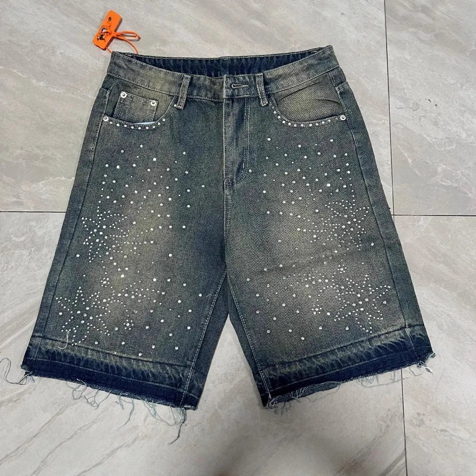 Rhinestone Appliques Denim Shorts For Men American Fashion High Street Five Quarter Jeans Summer Casual Straight Leg Shorts