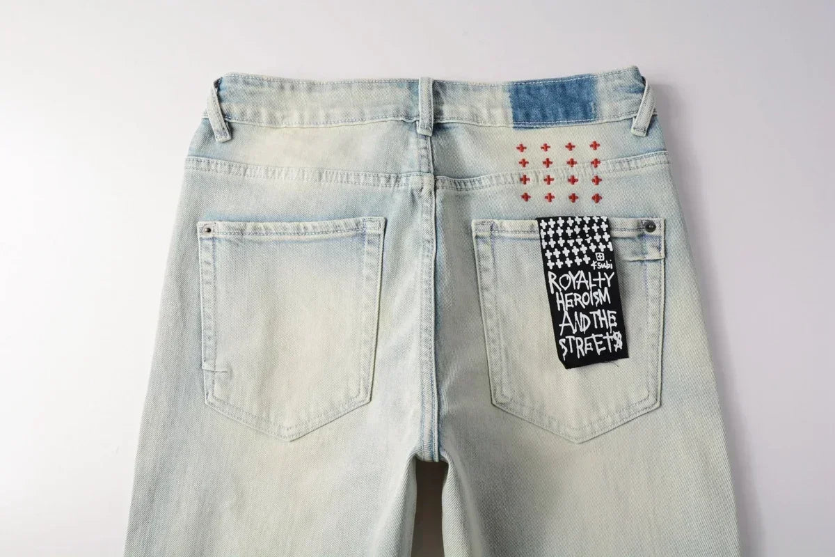 American High Street KSUBI Cross Jeans Men Trendy Trend High Quality Low Rise Stretch Skinny  Pleated Ripped Jeans