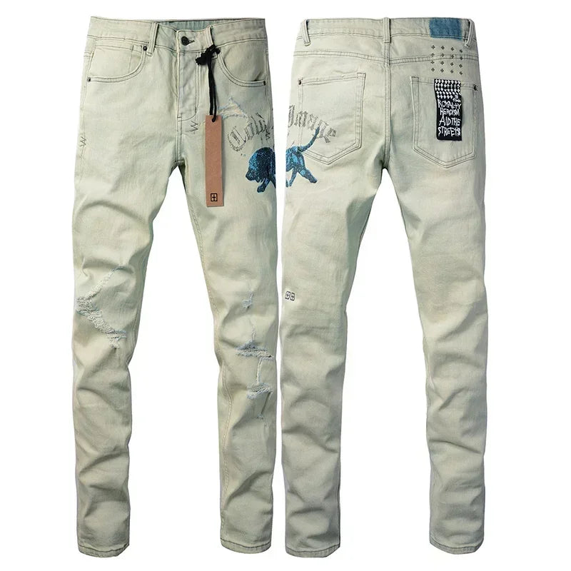 American High Street KSUBI Cross Jeans Men Trendy Trend High Quality Low Rise Stretch Skinny  Pleated Ripped Jeans