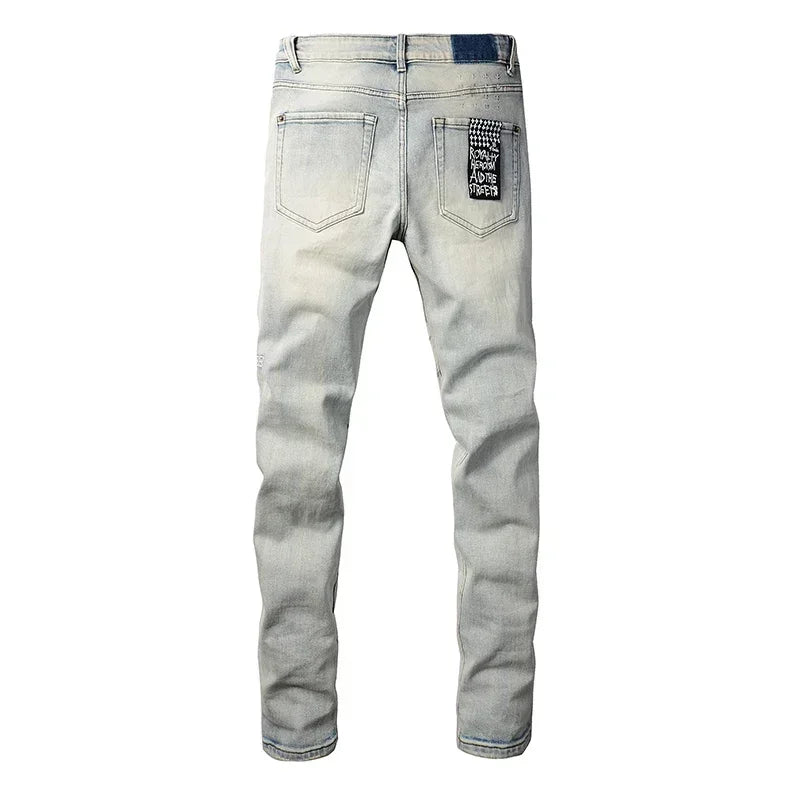 American High Street KSUBI Cross Jeans Men Trendy Trend High Quality Low Rise Stretch Skinny  Pleated Ripped Jeans