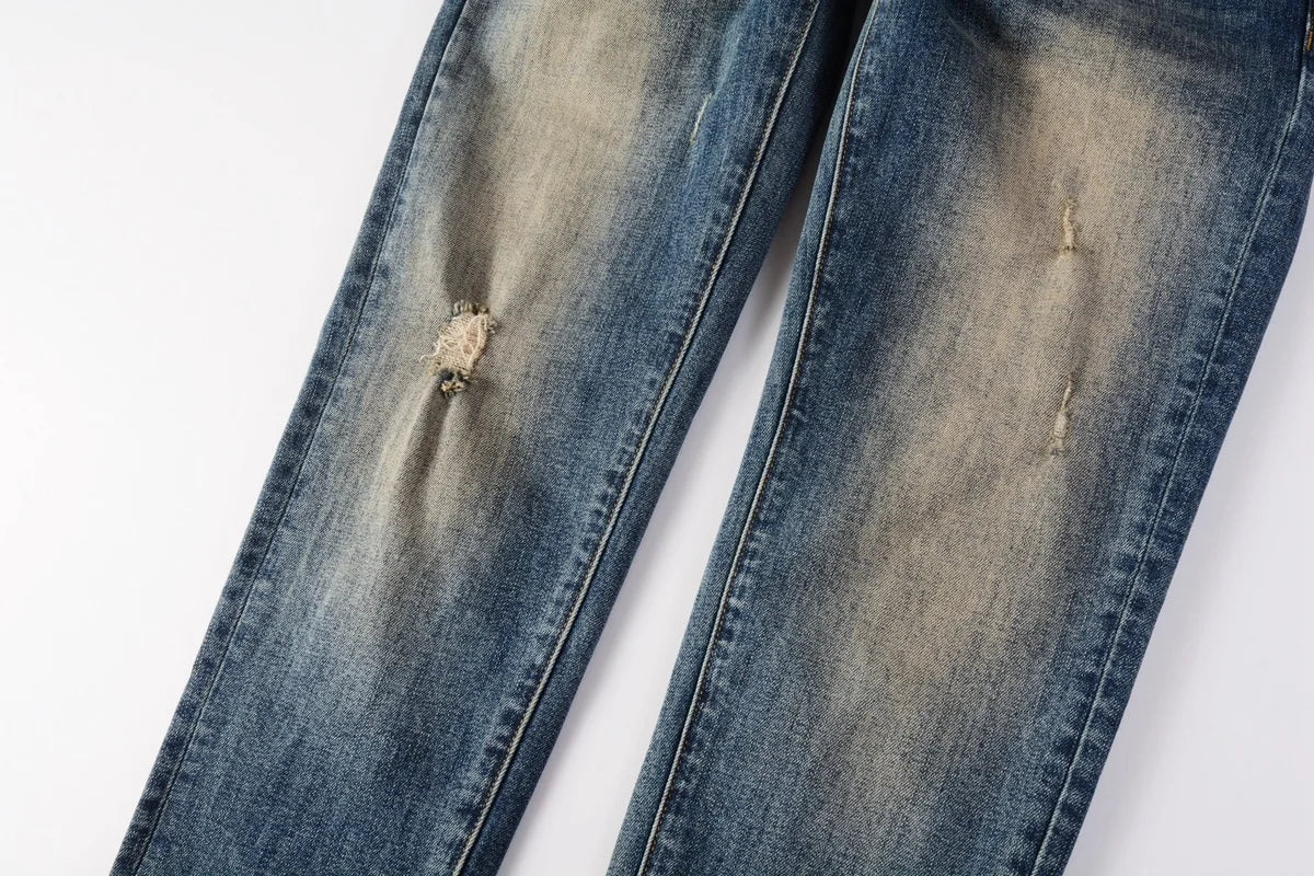 Men Jeans Fashion Americans High street Retro wash multiple styles graffiti print Low Rise Hole Patch Elastic Skinny Jeans pants