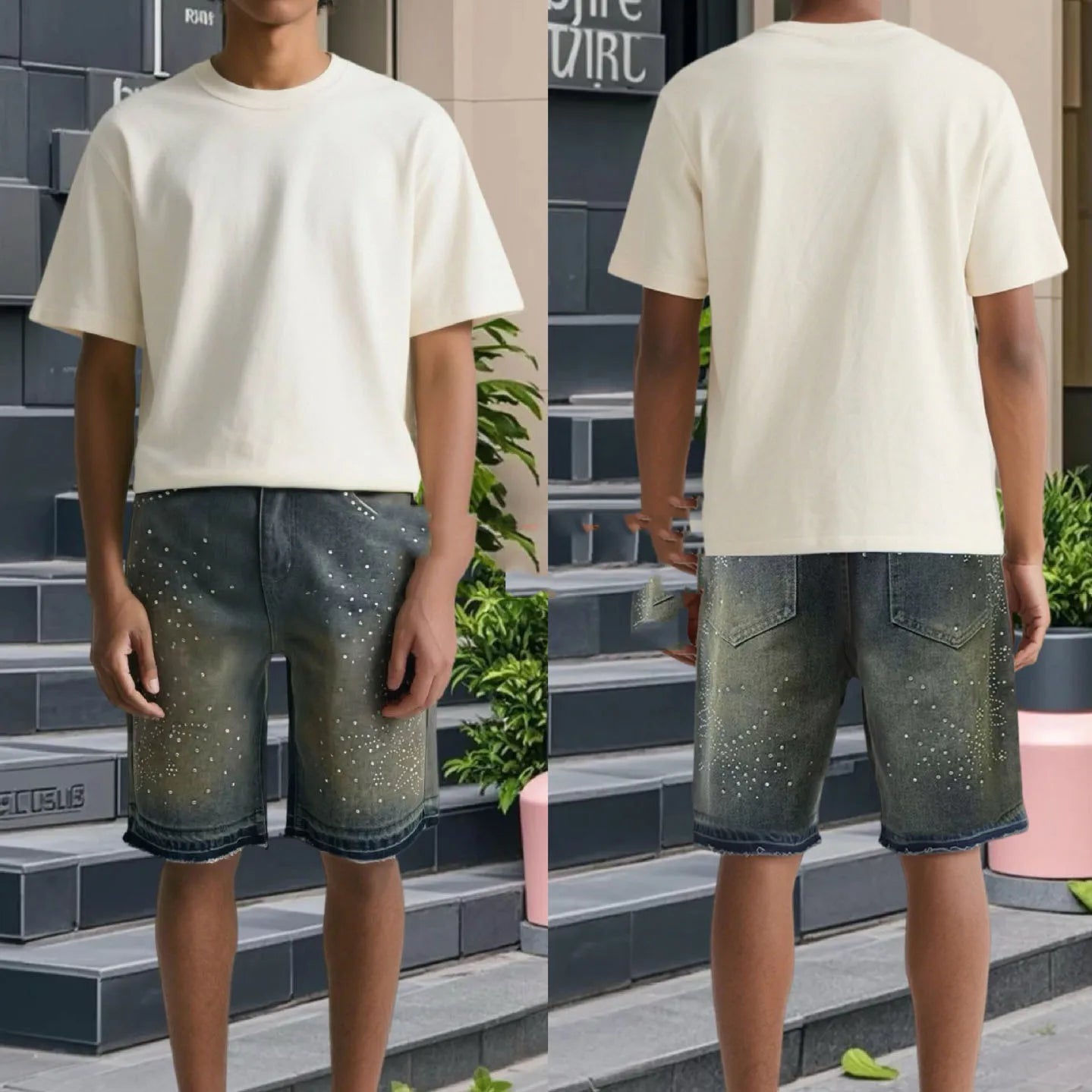 Rhinestone Appliques Denim Shorts For Men American Fashion High Street Five Quarter Jeans Summer Casual Straight Leg Shorts