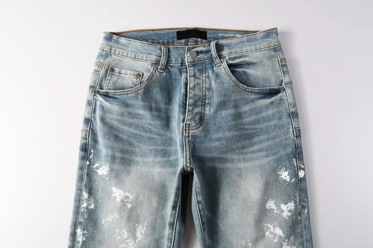 Men Jeans Fashion Americans High street Retro wash multiple styles graffiti print Low Rise Hole Patch Elastic Skinny Jeans pants
