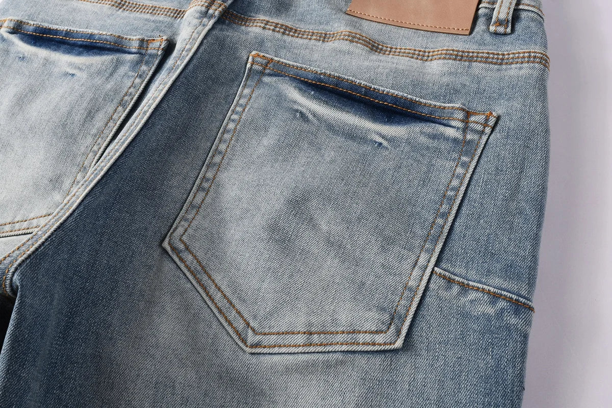 Men Jeans Fashion Americans High street Retro wash multiple styles graffiti print Low Rise Hole Patch Elastic Skinny Jeans pants