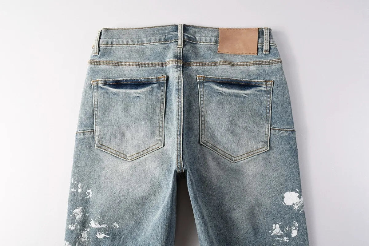 Men Jeans Fashion Americans High street Retro wash multiple styles graffiti print Low Rise Hole Patch Elastic Skinny Jeans pants