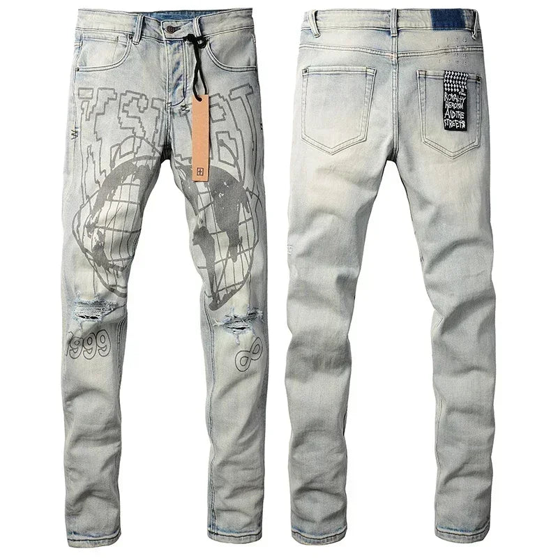 American High Street KSUBI Cross Jeans Men Trendy Trend High Quality Low Rise Stretch Skinny  Pleated Ripped Jeans