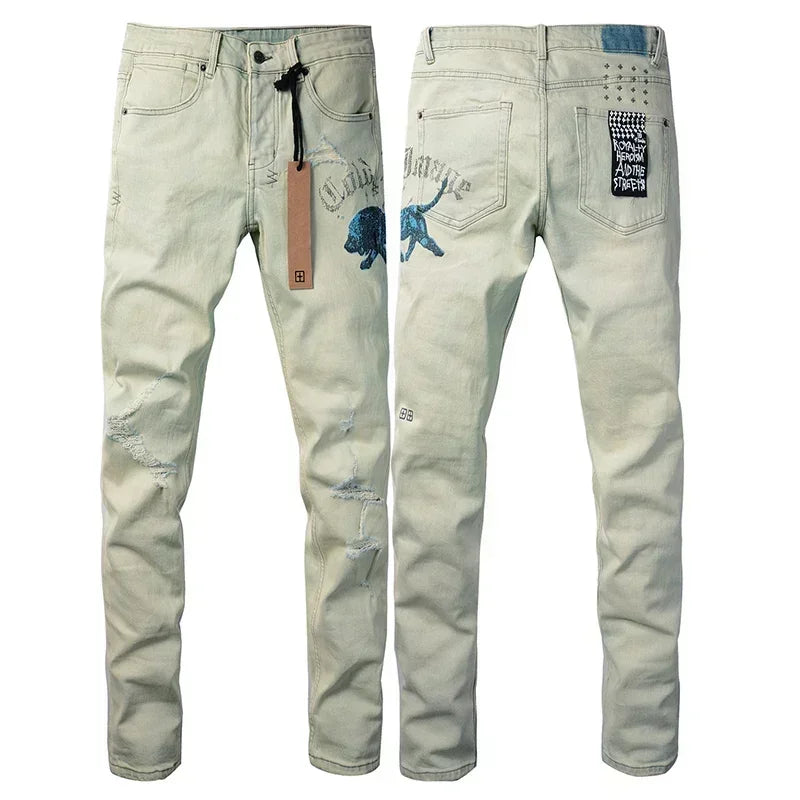American High Street KSUBI Cross Jeans Men Trendy Trend High Quality Low Rise Stretch Skinny  Pleated Ripped Jeans