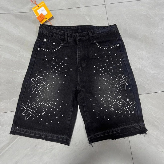 Rhinestone Appliques Denim Shorts For Men American Fashion High Street Five Quarter Jeans Summer Casual Straight Leg Shorts